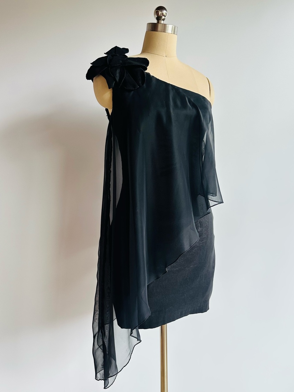 Vintage Jessica McClintock Black One Shoulder Sheer Chiffon Mini Dress 90’s